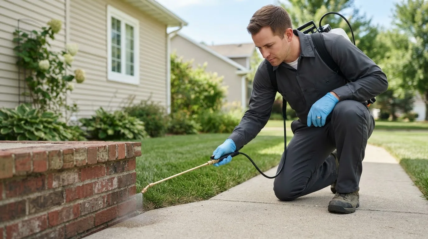 Pest control technician treating a home near East Corinth, VT